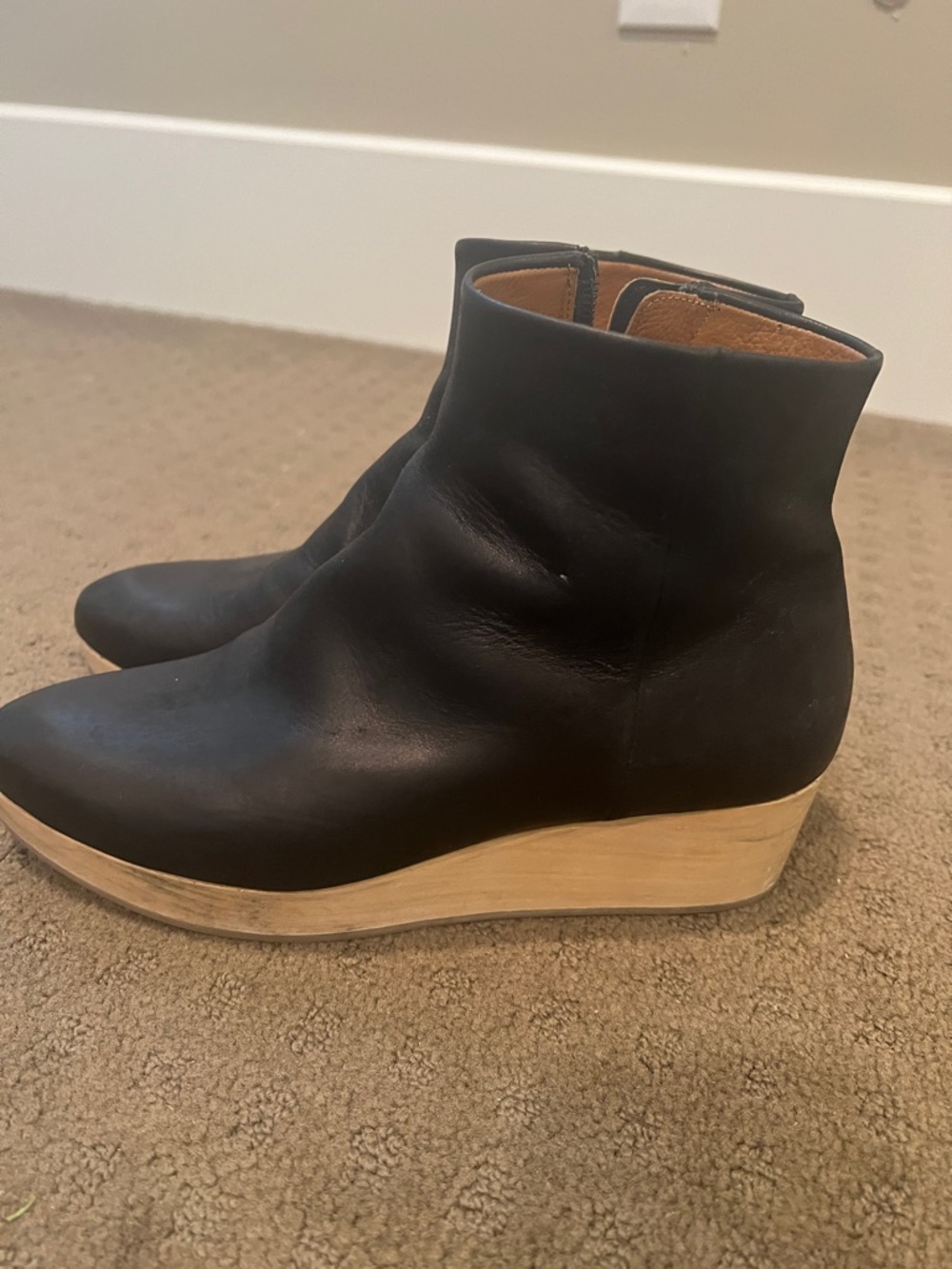 COCLICO Black Leather Wedge Ankle Booties with Wood-Look Platform